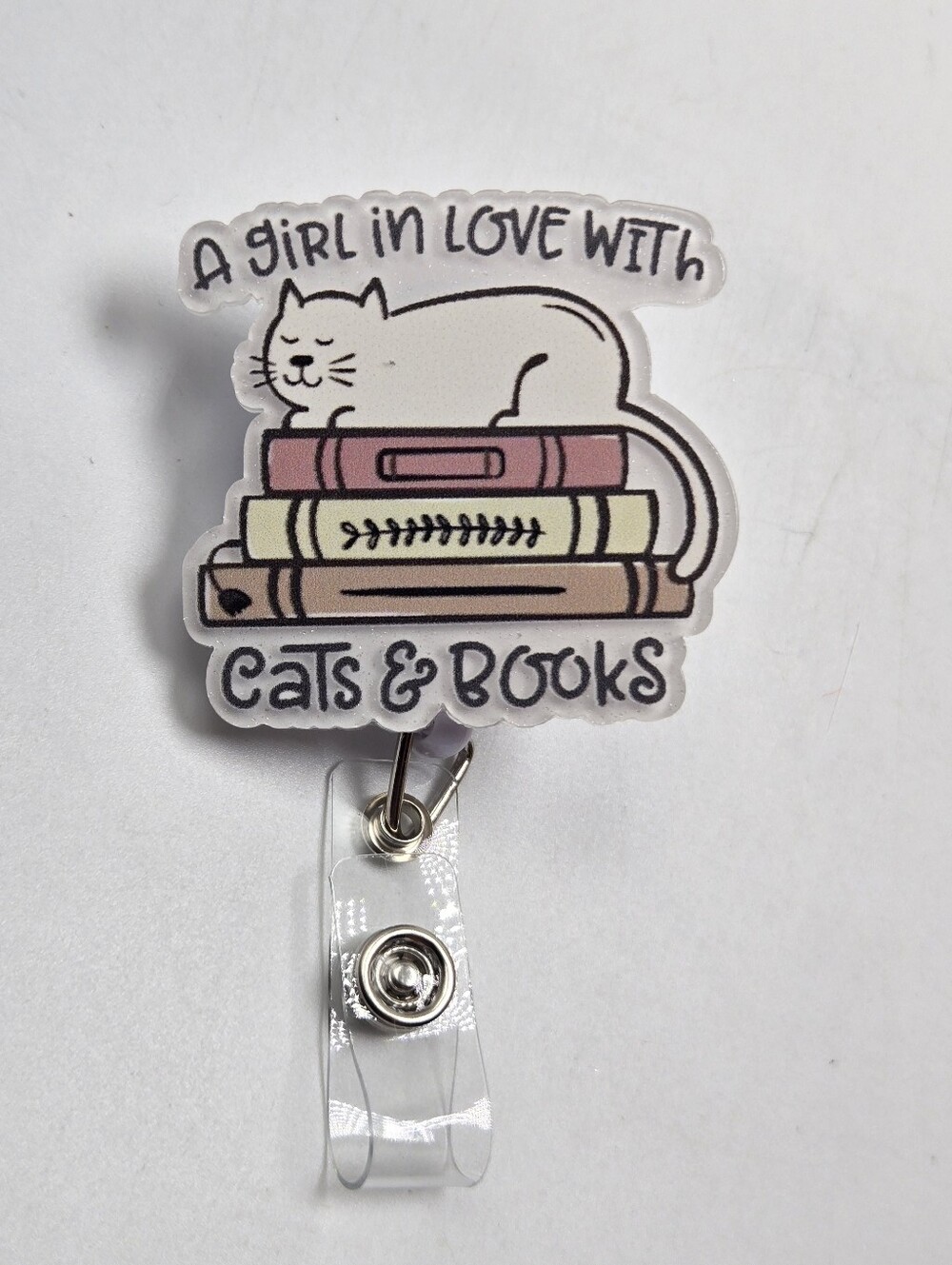 OOAK Handmade Just a Girl in Love with Cats & Books Badge Reel Cat Lady ID Tag
